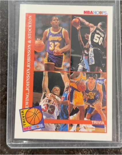 1992-93 NBA Hoops #485 Magic Johnson, David Robinson, Patrick Ewing, John Stockton Trivia — front