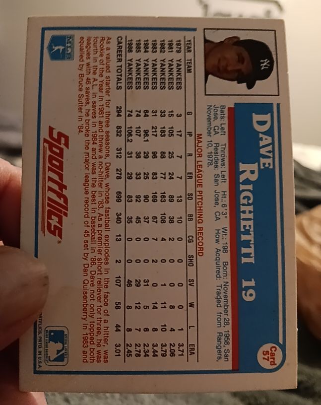 1987 Sportflics #57 Dave Righetti — front