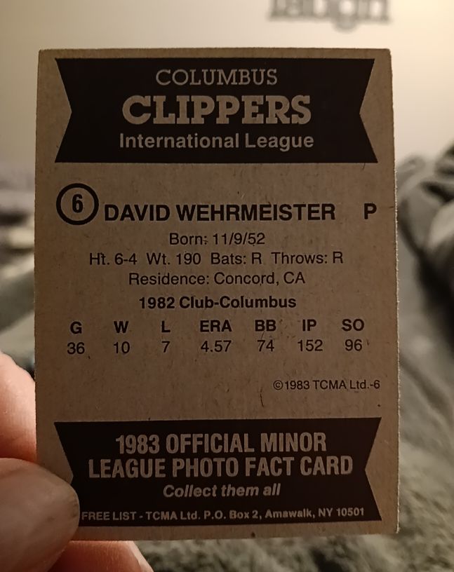 1983 TCMA #6 David Wehrmeister — front