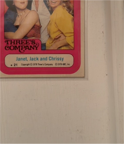 1978 Topps Three's Company Sticker #21 Janet, Jack and Chrissy — front