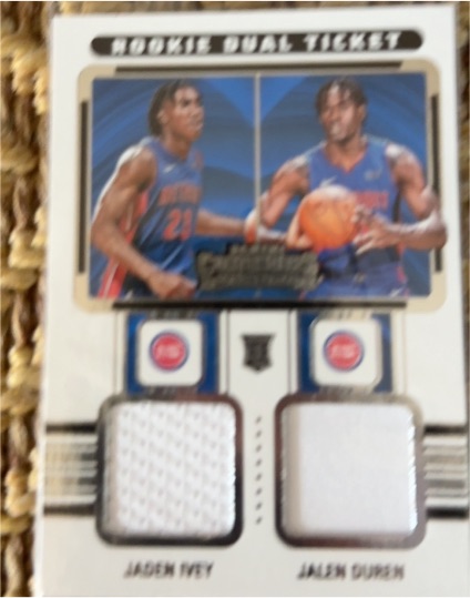 2022-23 Panini Contenders Rookie Ticket Dual Swatches #RT2-DET Jaden Ivey Jalen Duren — front