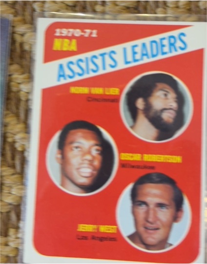 1971 Topps #143 Assists Leaders Jerry West, Oscar Robertson, Norm Van Lier — front