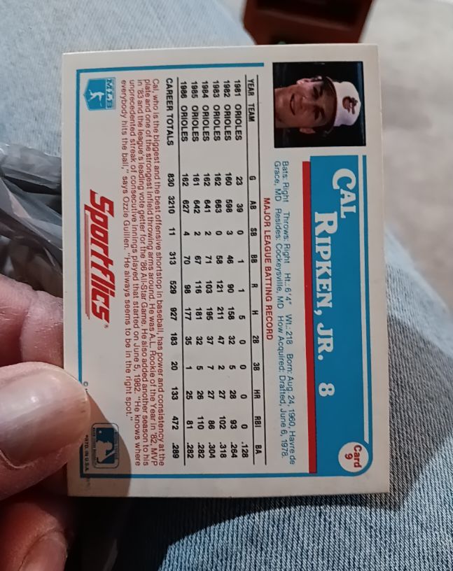 1987 Sportflics #9 Cal Ripken Jr. — front