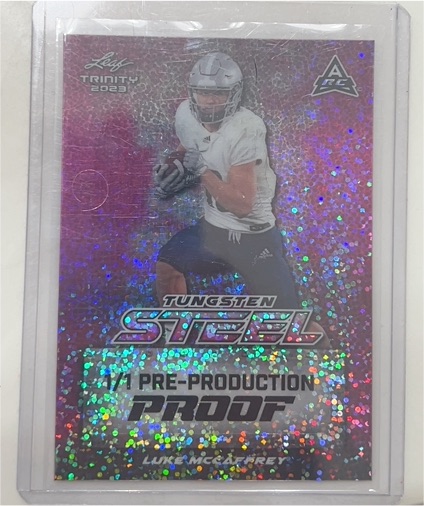 2023 Leaf Trinity Steel #Luke McCaffrey Tungsten Steel 1/1 Pre-Production Proof — front