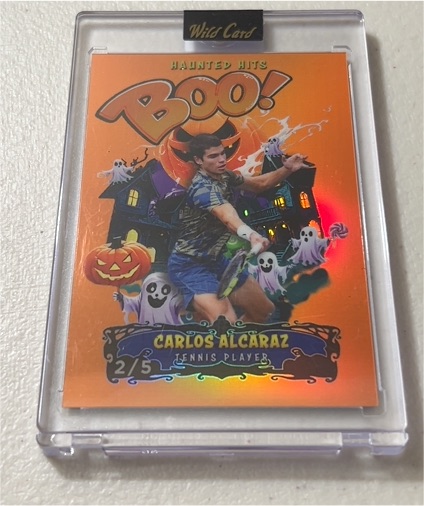 2025 Wild Card Haunted Hits Boo! Orange #2/5 Carlos Alcaraz — front
