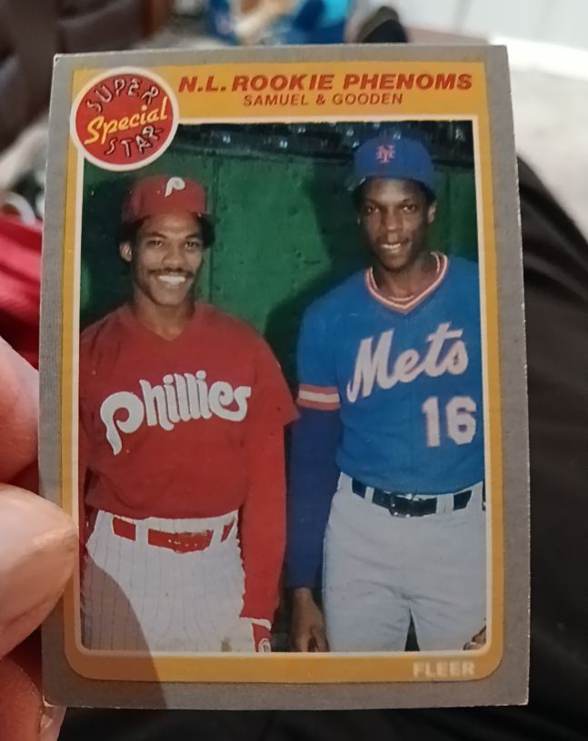 1985 Fleer #634 NL Rookie Phenoms Juan Samuel & Dwight Gooden — front