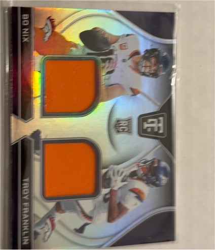2024 Panini Totally Certified #RDS-DEN Bo Nix / Troy Franklin Rookie Dual Swatches — front