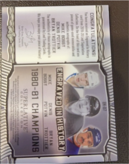 2013 Upper Deck Engraved In History #BH-07 Mike Bossy / Denis Potvin / Bryan Trottier — front