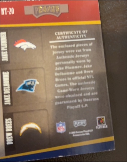 1998 Playoff NFL NT-20 Jake Plummer / Jake Delhomme / Drew Brees Game-Worn Jersey — front