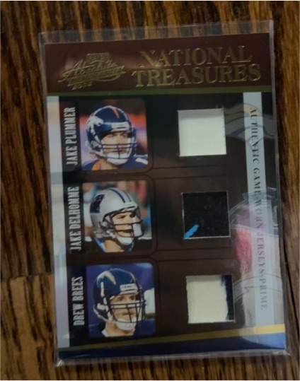 2005 Absolute Memorabilia National Treasures Authentic Game Worn Jerseys Prime Jake Plummer, Jake Delhomme, Drew Brees — front
