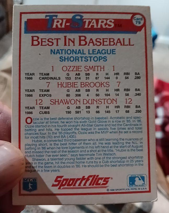 1986 Sportflics #79 Best In Baseball National League Shortstops Ozzie Smith/Hubie Brooks/Shawon Dunston — front