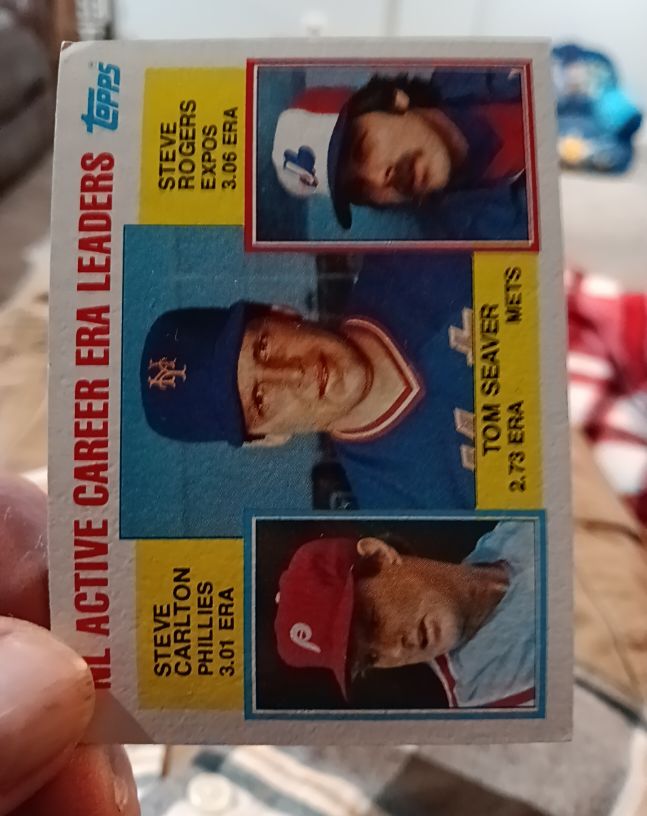 1984 Topps #708 NL Active Career ERA Leaders Steve Carlton / Tom Seaver / Steve Rogers — front