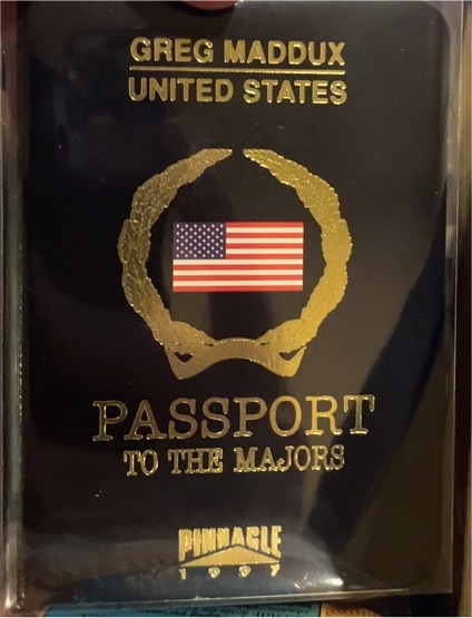 1997 Pinnacle Passport to the Majors #1 Greg Maddux — front