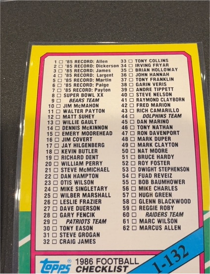 1986 Topps Football Checklist #1-132 — front