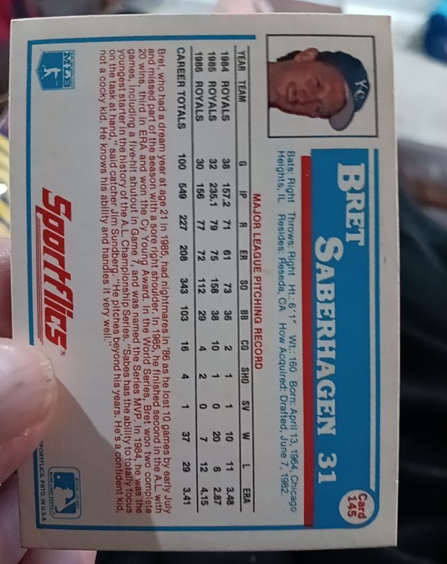 1986 Sportflics #31 Bret Saberhagen — front