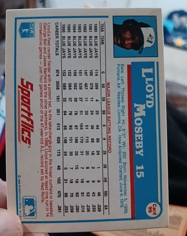 1986 Sportflics #15 Lloyd Moseby — front