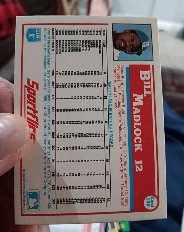 1986 Sportflics #130 Bill Madlock — front