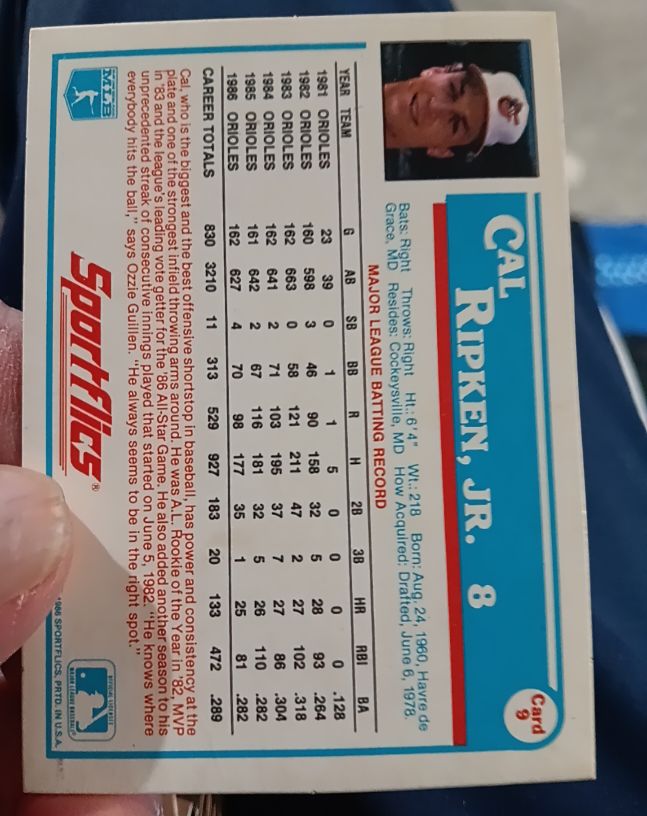 1987 Sportflics #8 Cal Ripken Jr. — front