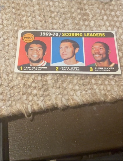 1970-71 Topps #1 Scoring Leaders Lew Alcindor / Jerry West / Elvin Hayes — front