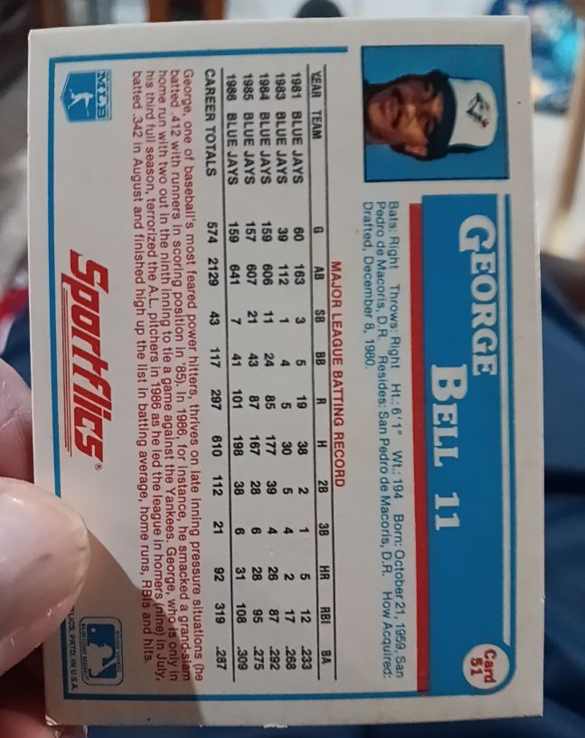 1987 Sportflics #11 George Bell — front