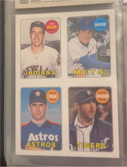 2013 Topps Archives 1969 4-in-1 Sticker #69S-FSRV Bob Feller Tom Seaver Nolan Ryan Justin Verlander — front