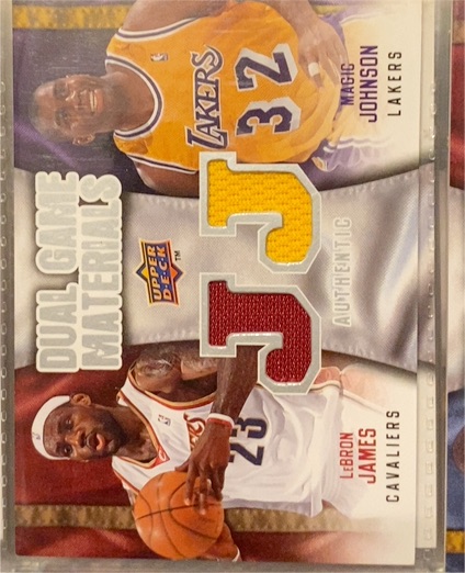 2009 Upper Deck #DG-JJ LeBron James Magic Johnson Dual Game Materials — front