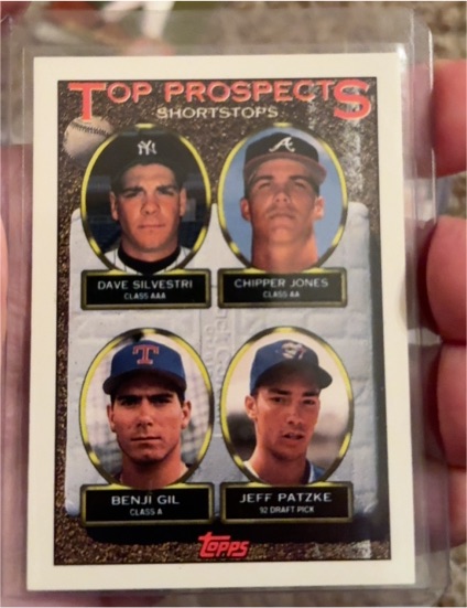 1993 Topps #529 Top Prospects Dave Silvestri Chipper Jones Benji Gil Jeff Patzke — front