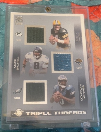 2002 Pacific Crown Royale Triple Threads Brett Favre / Mark Brunell / Donovan McNabb — front