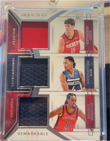 2024-25 Panini Immaculate Remarkable #RJT-SCE Reed Sheppard / Rod Dilangalen / Antonio Reeves Rookie Patch Triple Jersey — front