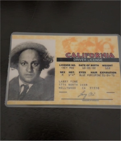 Larry Fine Three Stooges California Driver License Souvenir — front