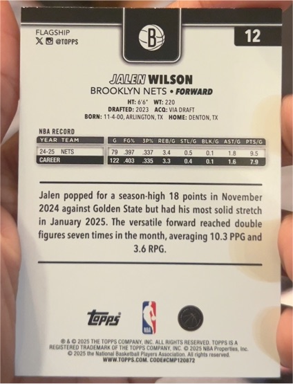 2025 Topps #12 Jalen Wilson — front