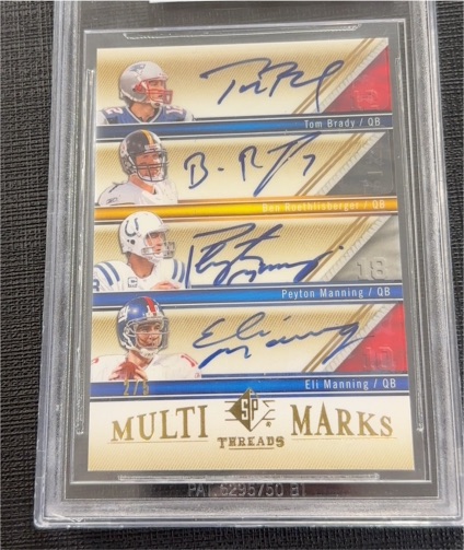 2009 Upper Deck SP Threads Multi Marks #MM4 Tom Brady/Ben Roethlisberger/Peyton Manning/Eli Manning — front