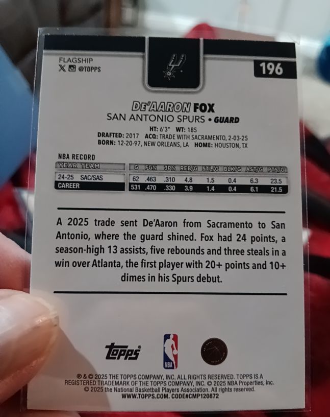 2025 Topps #196 De'Aaron Fox — front