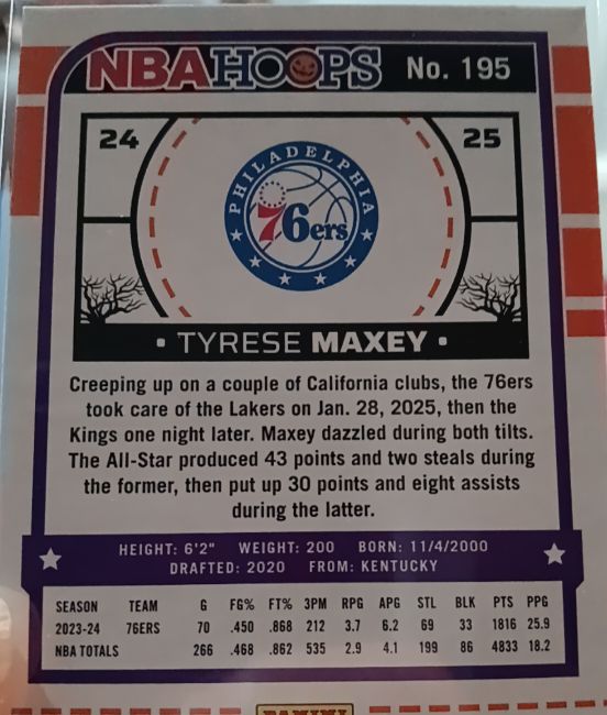 2024-25 Panini NBA Hoops #195 Tyrese Maxey — front