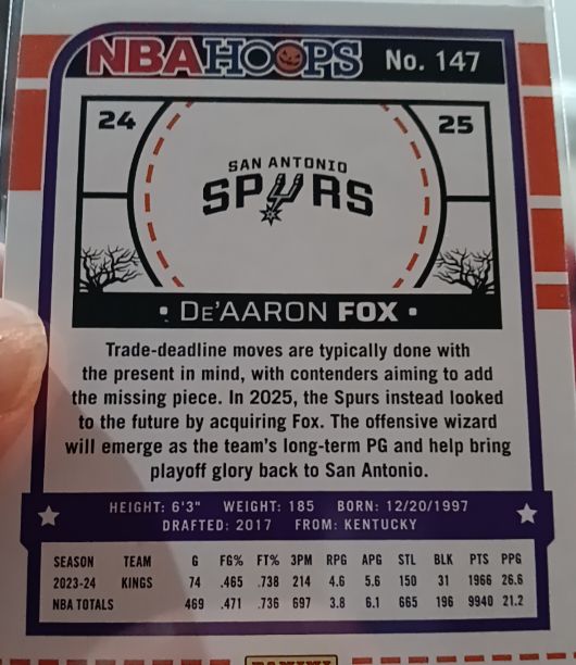 2024-25 Panini NBA Hoops #147 De'Aaron Fox — front