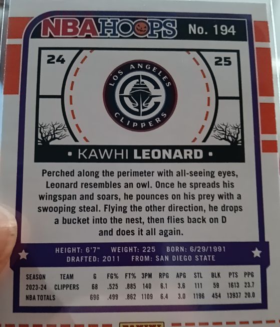 2024-25 Panini NBA Hoops #194 Kawhi Leonard — front