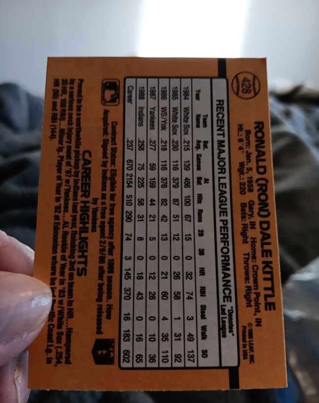 1989 Donruss #428 Ronald (Ron) Dale Kittle — front