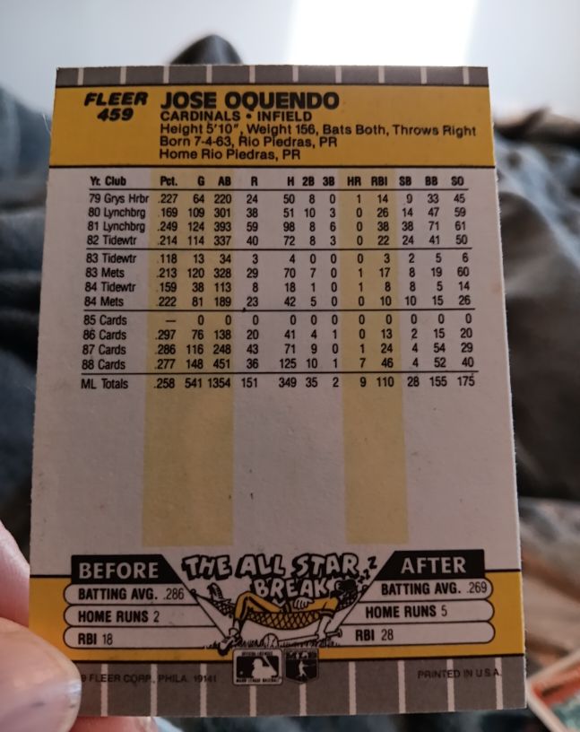 1989 Fleer #459 Jose Oquendo — front