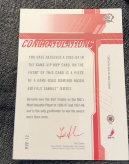 2003-04 In The Game VIP MVP #MVP-12 Dominik Hasek — front