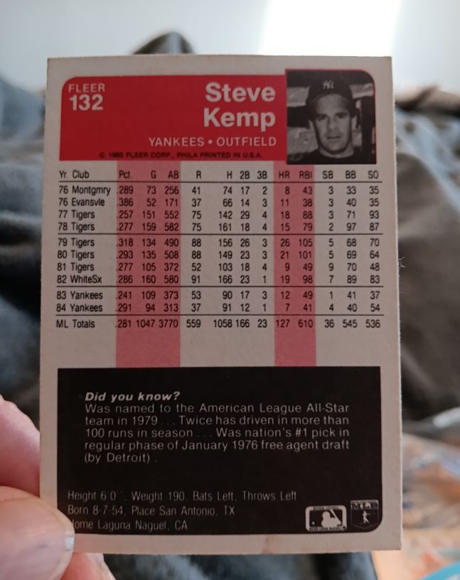 1985 Fleer #132 Steve Kemp — front