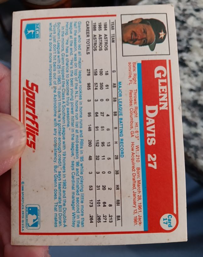 1987 Sportflics #27 Glenn Davis — front