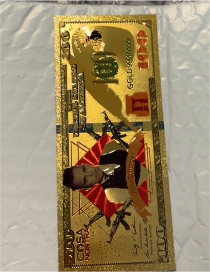 John Dillinger Gold $100 Bill Collectible — front