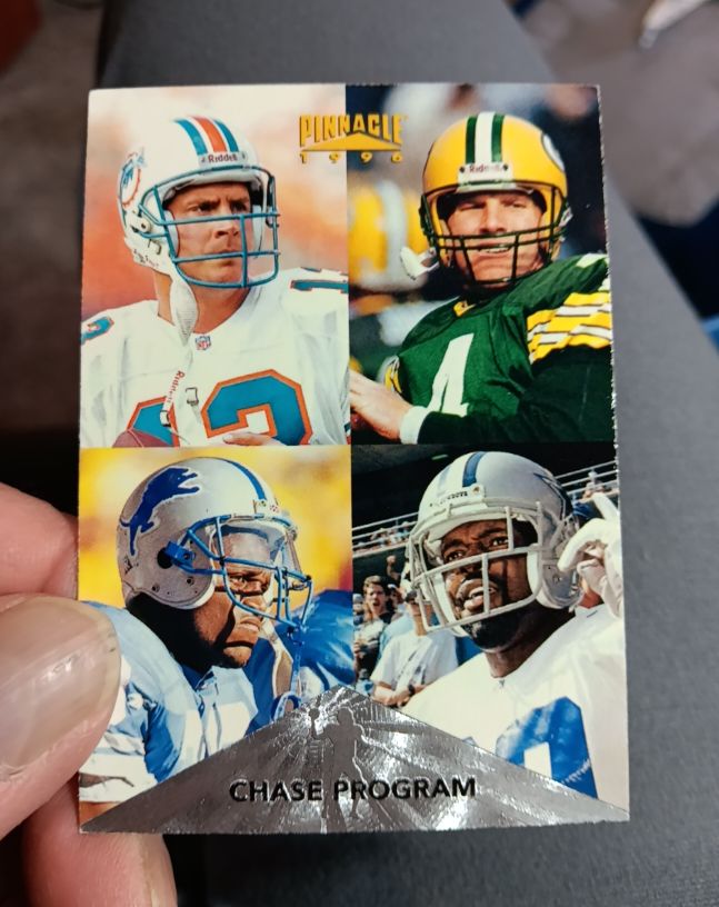 1996 Pinnacle Chase Program #199 Dan Marino / Brett Favre / Barry Sanders / Emmitt Smith — front