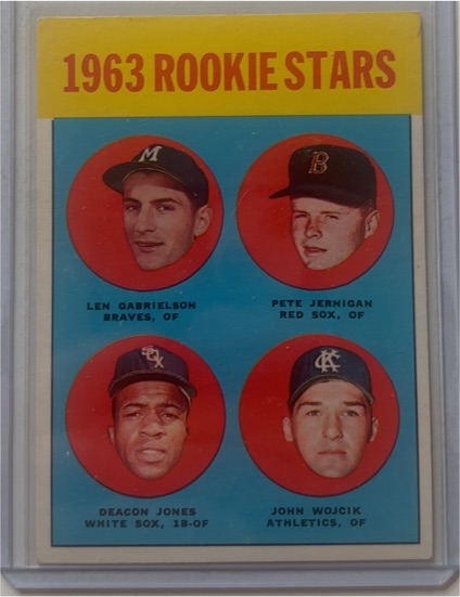 1963 Topps #253 Rookie Stars Len Gabrielson/Pete Jernigan/Deacon Jones/John Wojcik — front