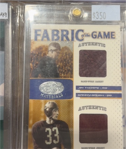 2007 Donruss Playoff Fabric of the Game Jim Thorpe Sammy Baugh Dual Game Used Patch — front