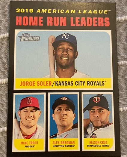 2020 Topps Heritage #65 2019 AL Home Run Leaders Jorge Soler / Mike Trout / Alex Bregman / Nelson Cruz — front