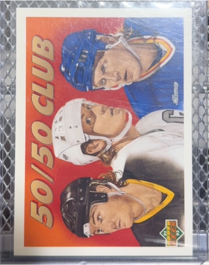 1991-92 Upper Deck #45 The 50/50 Club Mario Lemieux / Wayne Gretzky / Brett Hull — front