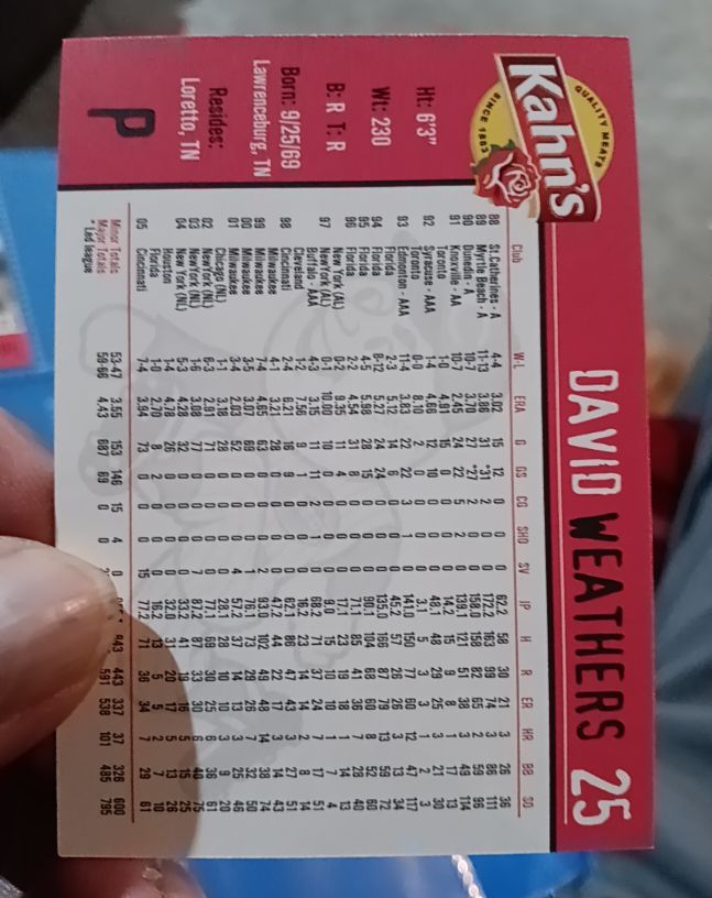 1995 Kahn's #25 David Weathers — front