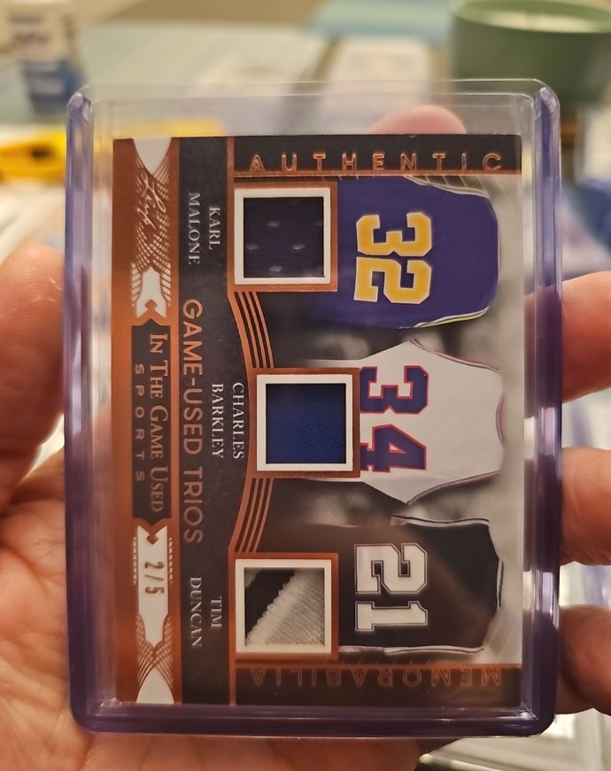 2024 Leaf In The Game Used Trios #2/5 Karl Malone Charles Barkley Tim Duncan — front
