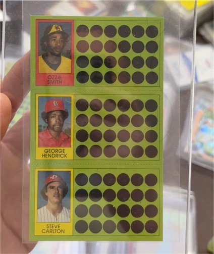 1981 Topps Scratch-Off Panel Ozzie Smith/George Hendrick/Steve Carlton — front